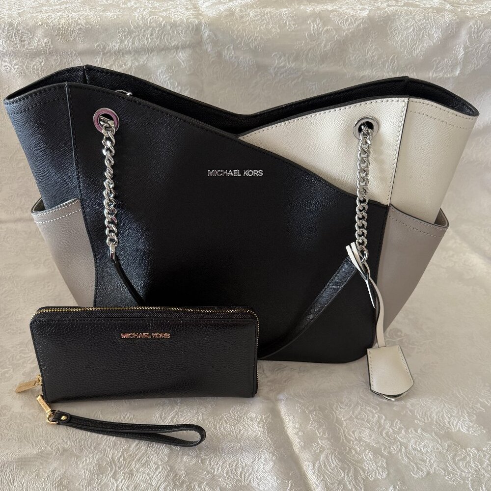 Michael Kors Jet Set Travel Shoulder Chain Strap Tote w/Matching Wallet